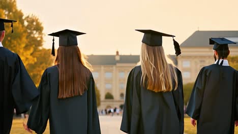 los estudiantes graduados caminan por el campus.