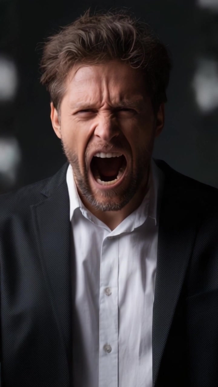 A Powerful Display of Emotion: A Man in a Suit Expresses Intense Frustration and Anger with a Dynamic Vocal Outburst Against a Dark Background.