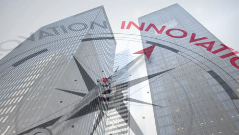 compass pointing to innovation animation over modern skyscrapers