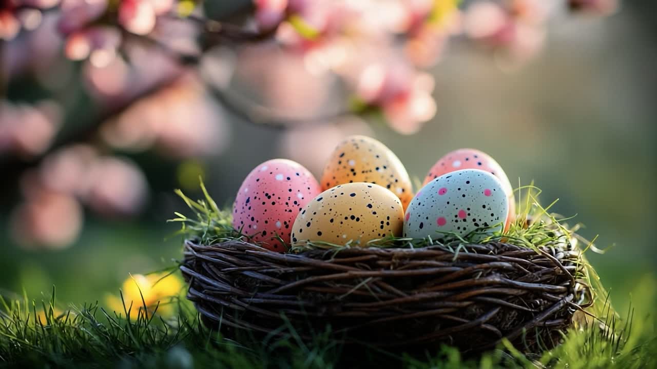 Spring nest with colorful eggs. Brightly colored eggs rest in a woven nest among fresh grass, surrounded by blooming spring flowers.