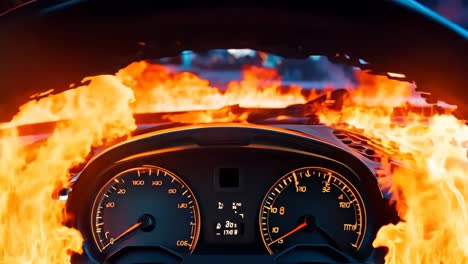 a car dashboard with a fire in the background