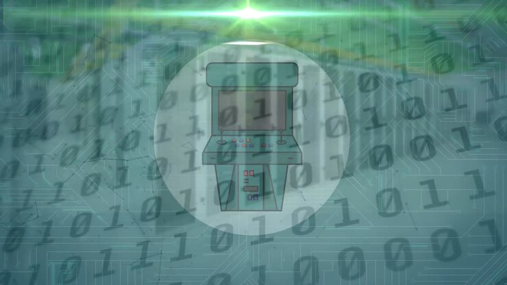 Animation of video game icon, binary coding, data processing over glowing computer circuit board
