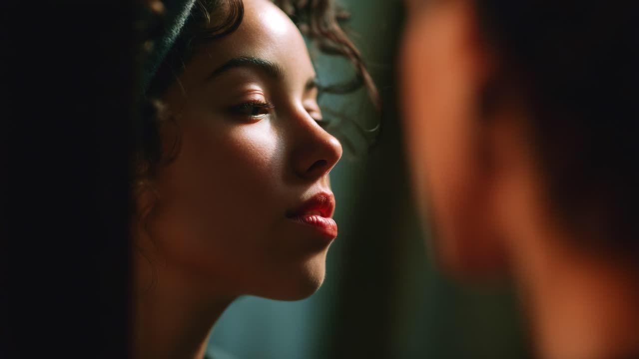 A Captivating Reflection: A Portrait of Introspection and Beauty, Highlighting Subtle Expressions, Soft Lighting, and Emotional Depth in a Thought-Provoking Visual Narrative