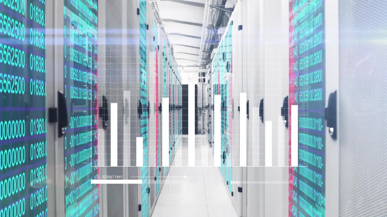 Data processing animation over servers in modern data center hallway