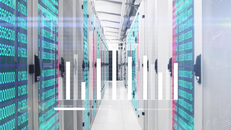 Data processing animation over servers in modern data center hallway