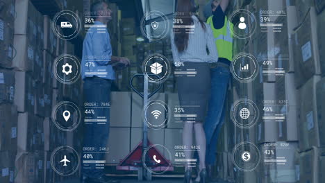 organizing boxes, warehouse workers with animation overlay showing order statistics