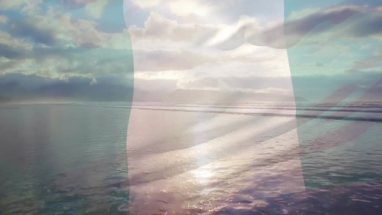 나이지리아 포르투갈의  ⁇ 발이 해변 풍경 위에서 날아다니는 애니메이션