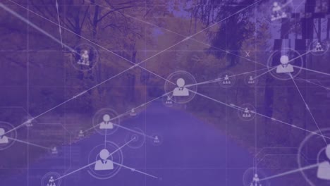 Animation-of-network-of-connections-with-people-icons-over-forest-background