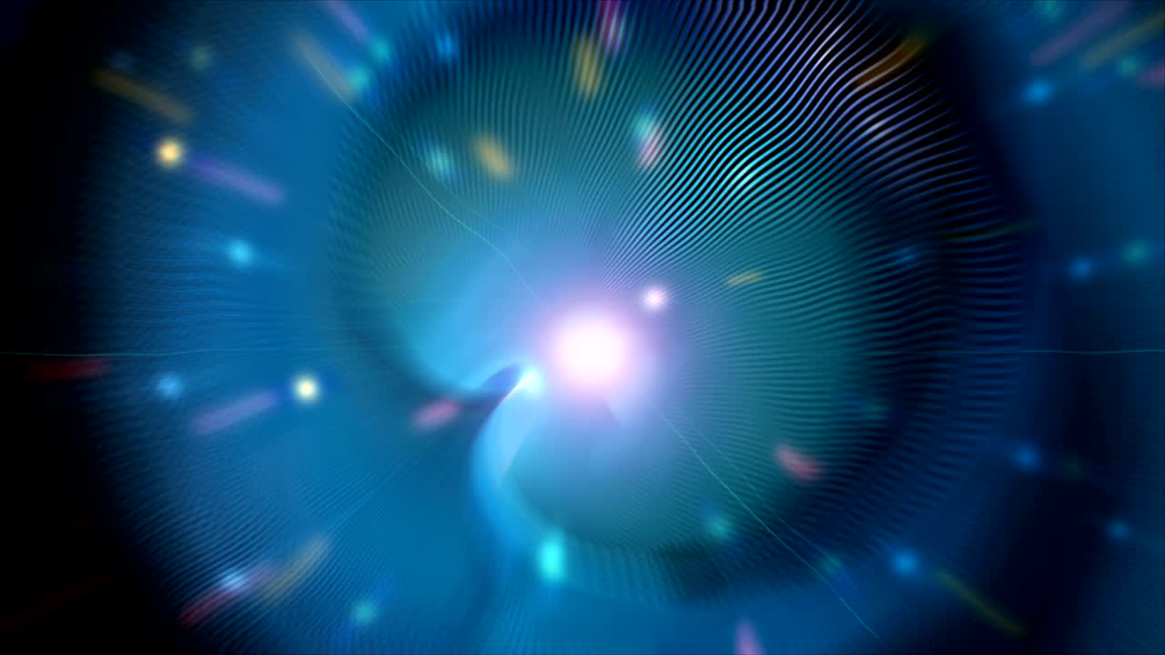 공간에서 반이는 입자와 함께 빛의 터널, 흐릿한 효과, 3d 렌더링 배경, 컴퓨터 생성 배경