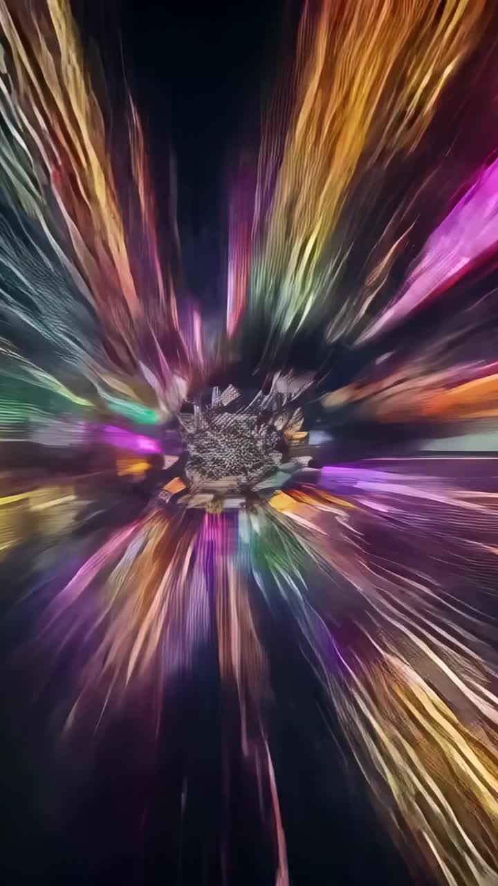 Vertical video: Pulsing kaleidoscope core sending radial beams outward in dark void, creating warp