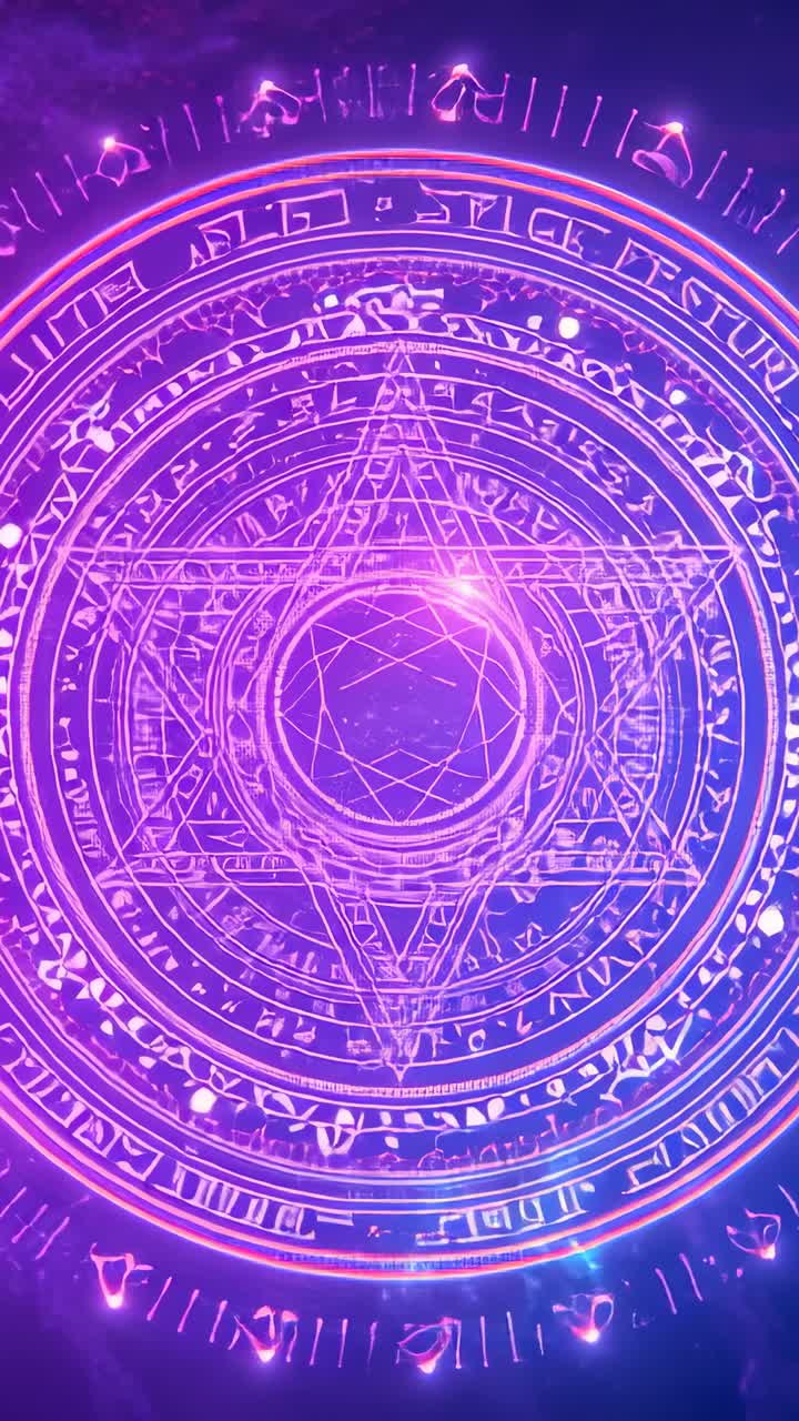Vertical video: Appearing magical purple sigil rotating and pulsing in cosmic void, revealing runes