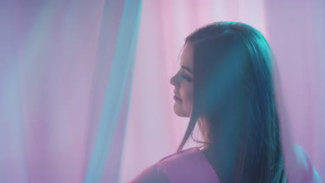 woman, beauty and curtain model in neon light