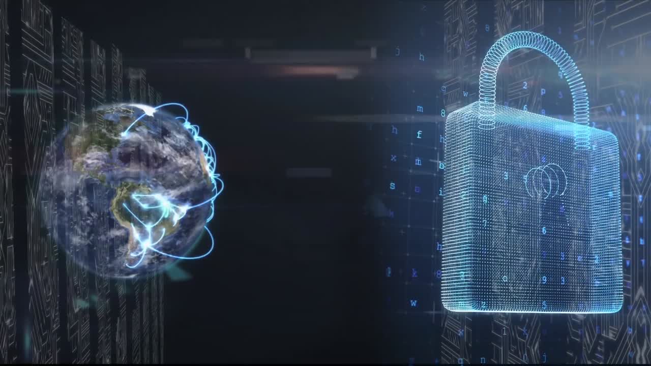 animación de un candado azul y un globo girando sobre un fondo negro