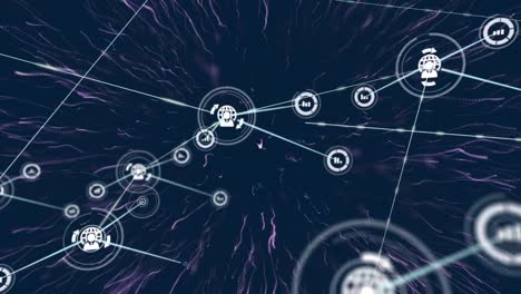 animación de la red de conexiones con iconos digitales sobre la explosión púrpura