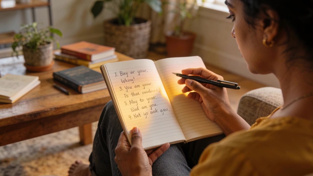 Writing mustard-top woman writing journal on sofa sunlight falling adjusting black pen, copy space