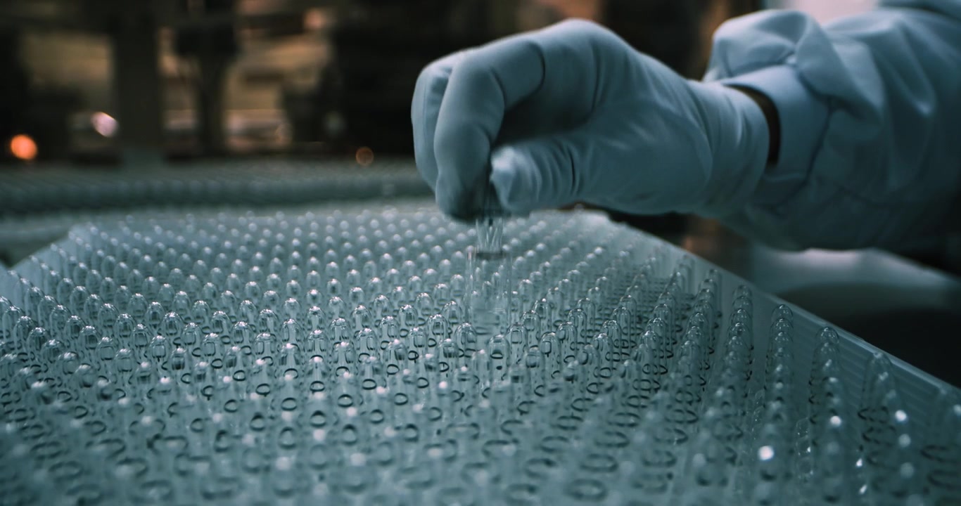 En hanskekledd hånd inspiserer nøye rader med tomme glassampuller i et sterilt farmasøytisk produksjonsanlegg