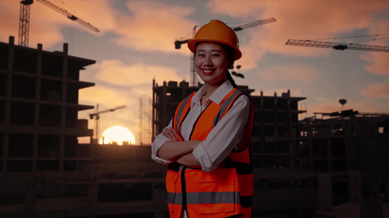 Side View Of Asian Female Engineer With Safety Helmet Crossing Her Arms And Smiling While Standing At Construction Site in Progress to New House