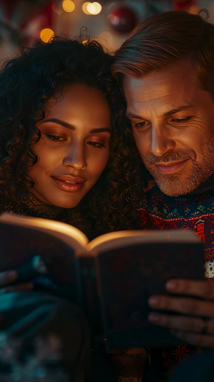 Vertical video: Opening book causing couple reading at home on couch turning page, loving glance