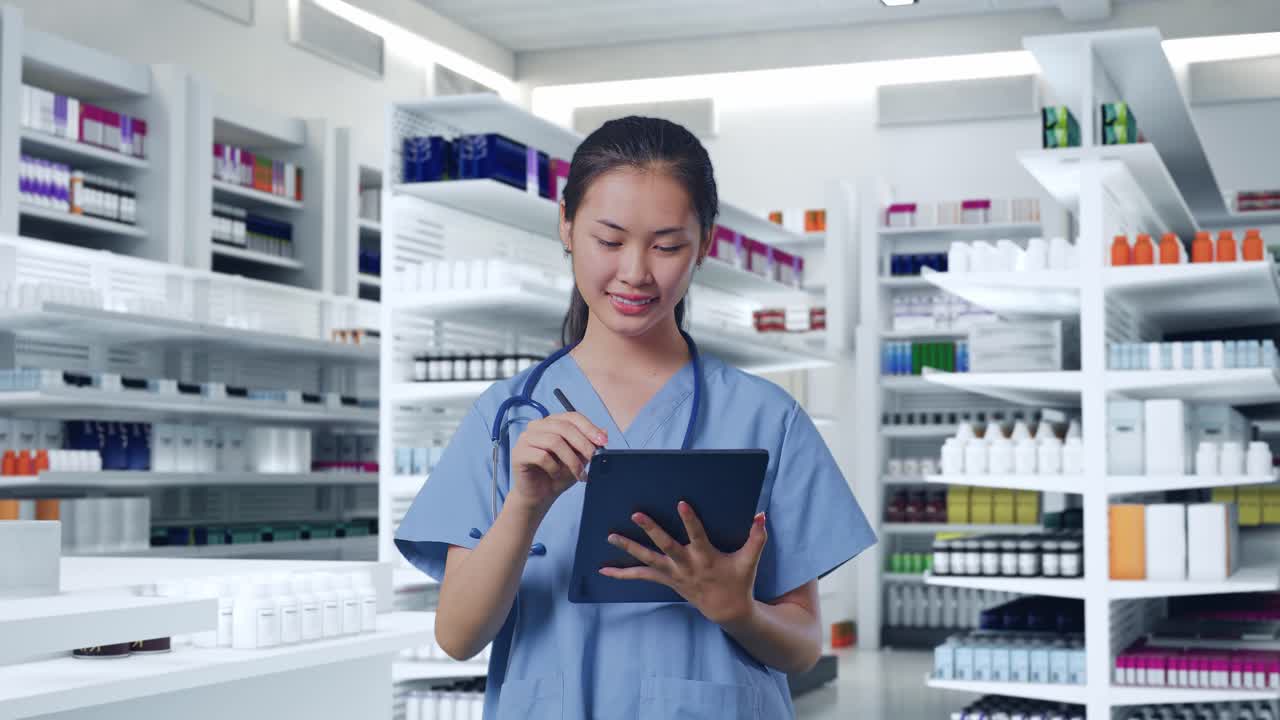 아시아 여성 의사 는 스테토스코프 를 들고 약국 에 서서 태블릿 에 메모 를 쓰고 있다