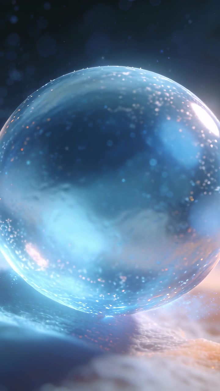 Video verticale: La telecamera si avvicina rivelando una sfera blu che cresce sulla superficie di una nuvola, con scintille che fluttuano.