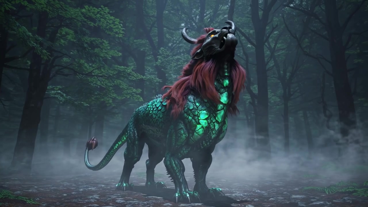 Creatura mitica drago-leone che ruggisce in una nebbiosa foresta incantata