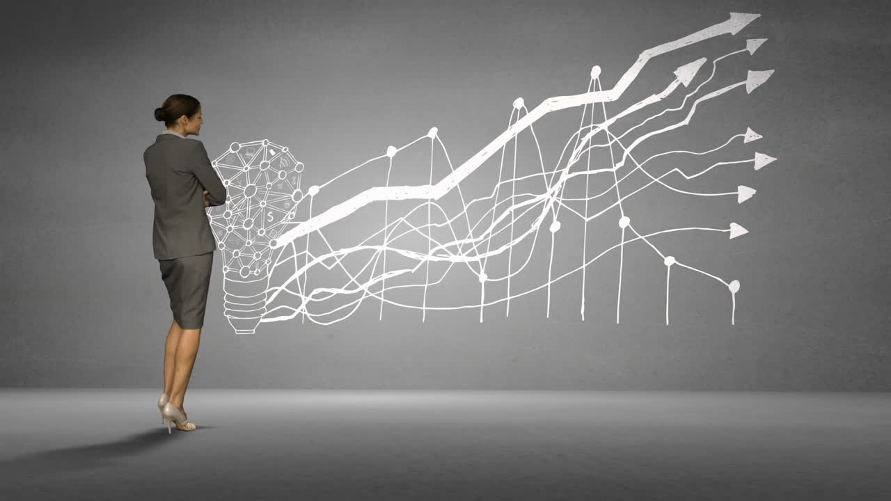 mujer de negocios mirando la pared gris con tormenta de ideas