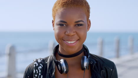 travel, tourist and face of woman with headphones