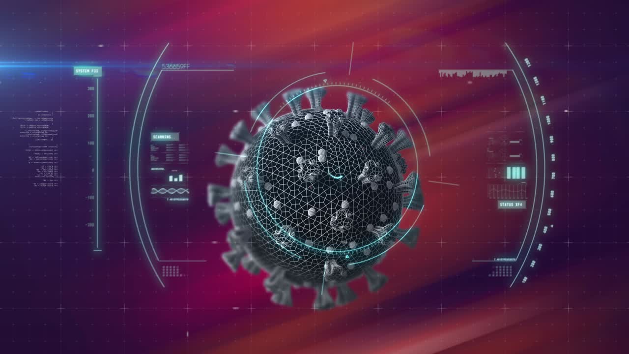 animación de escaneo de alcance circular verde célula de covid 19 y procesamiento de datos, en rojo oscuro