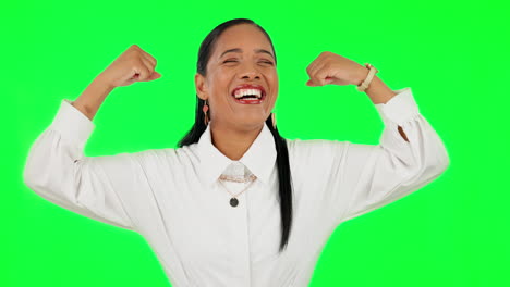 Arm-flex,-woman-and-green-screen-for-business