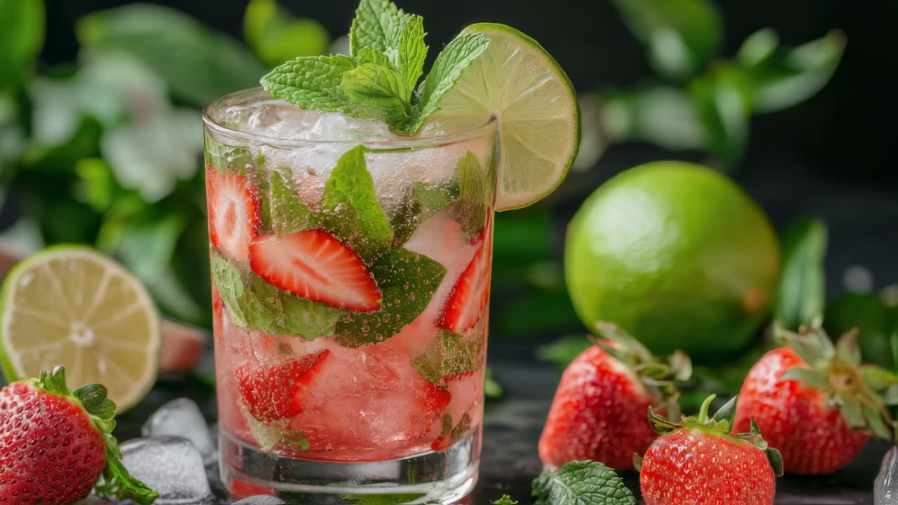 Ice cubes, lime wedges, fresh mint leaves, and sliced strawberries combine in a glass to create a vibrant and flavorful strawberry mojito cocktail, perfect for a summer refreshment