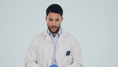 Scientist,-stress-and-man-pull-hair-in-studio