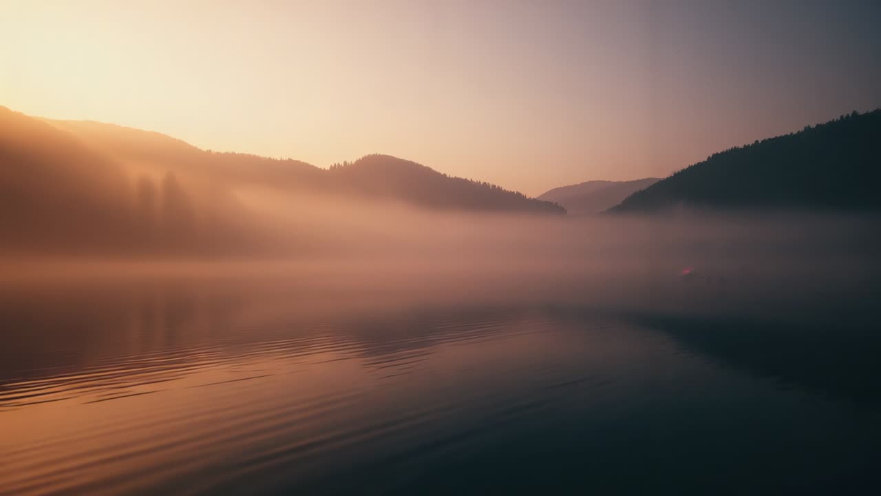 Sunrise revealing mist drifting across mountain lake at dawn, illuminating forested hills