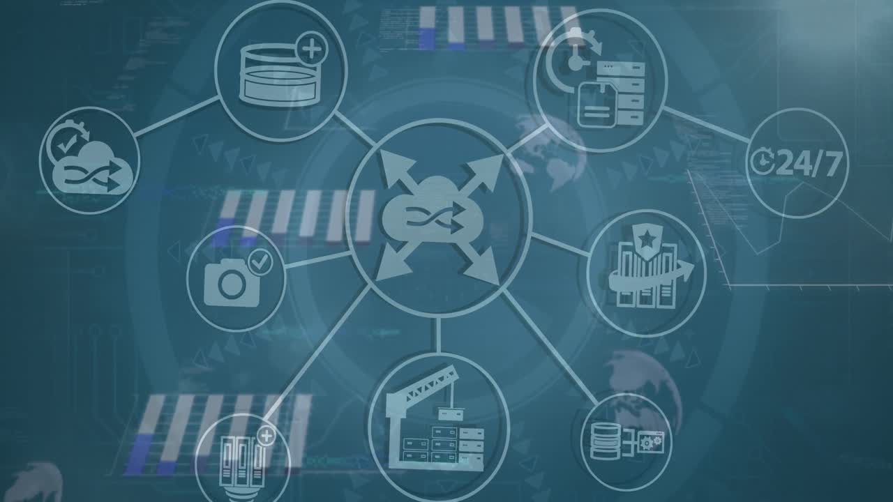 animación de iconos tecnológicos y placa base en pantalla digital verde