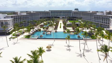 Forward-drone-flight-seeing-the-Hyatt-Zilara-Capcana-hotel,-devastated-by-covid-19