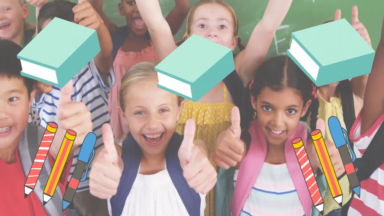animación de los iconos de los artículos escolares sobre los niños de la escuela felices con los pulgares hacia arriba