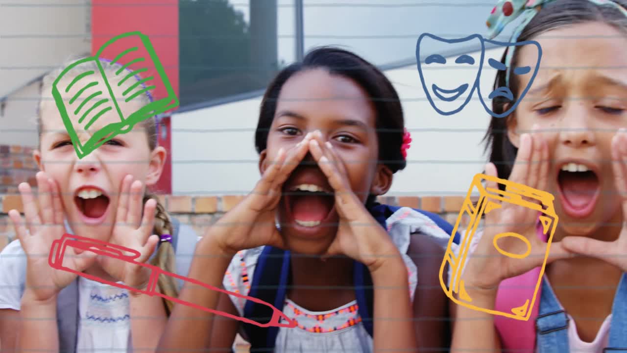 Multiple school concept icons against diverse students screaming on stairs at elementary school