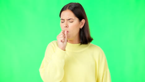 sick woman, coughing and flu on green screen