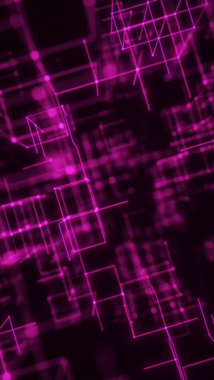 Violet Neon Vertical Wireframe Grid in Dense Digital Geometry. Looped 3D rendering