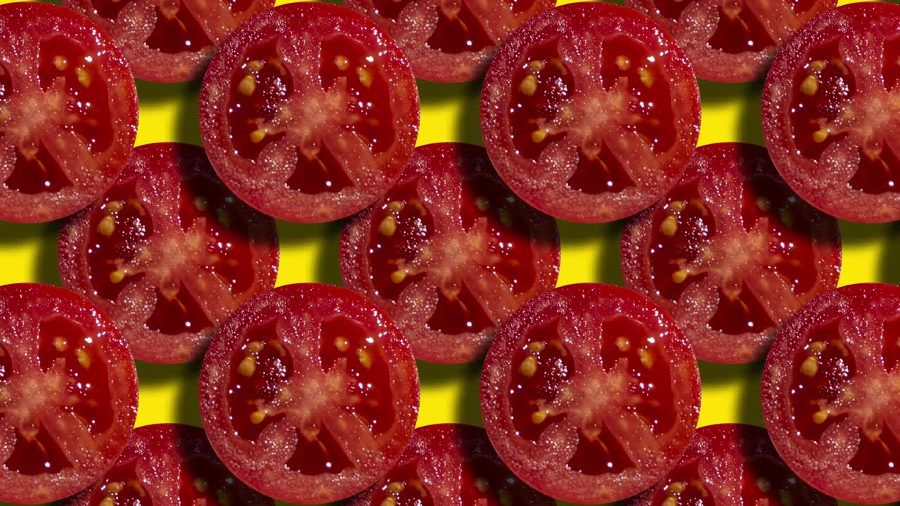 Two layers of tomato slices in geometric pattern on a yellow background. Simple motion graphic food concept seamless loop animation