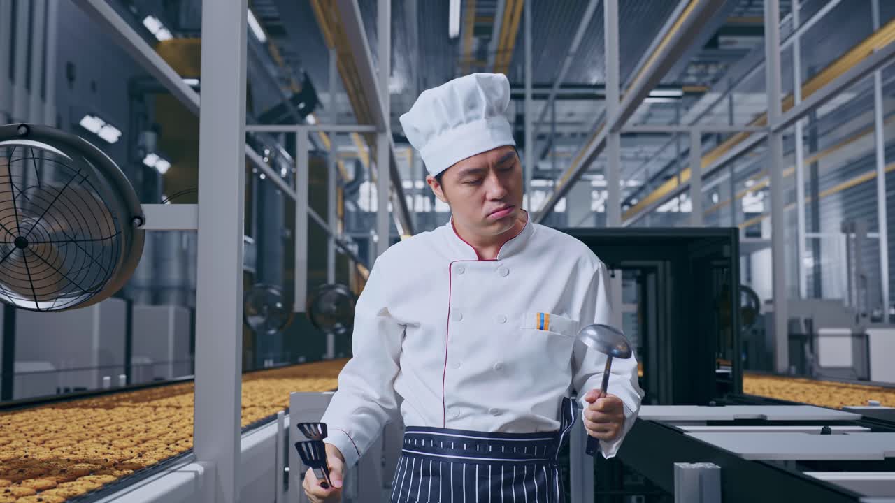 Chef asiatico che guarda le pinze e il mestolo, si asciuga il sudore ed è stanco in piedi, linea di produzione automatizzata di biscotti in una fabbrica moderna.