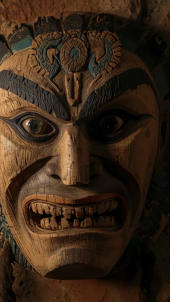 Video verticale: inquadratura di una maschera di legno intagliata, la camera si avvicina a un muro di pietra, mostrando la vernice consumata