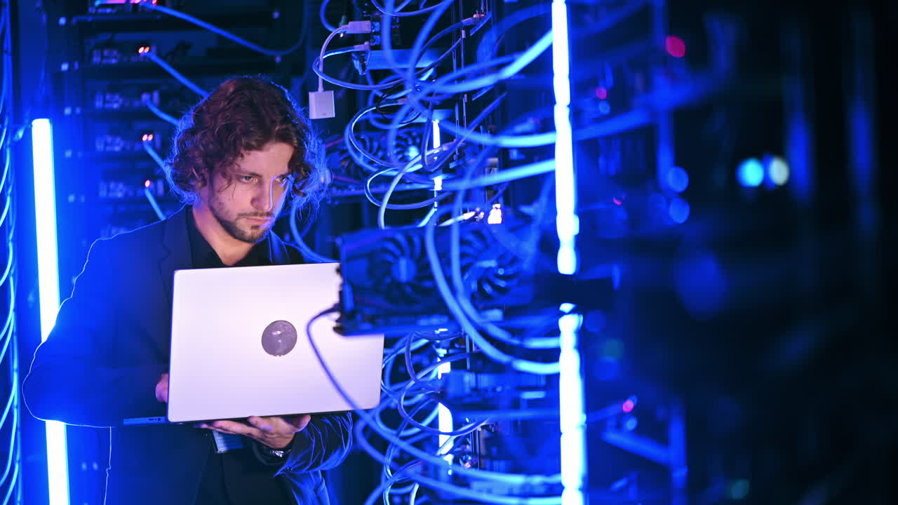 Man analysing data in a server room