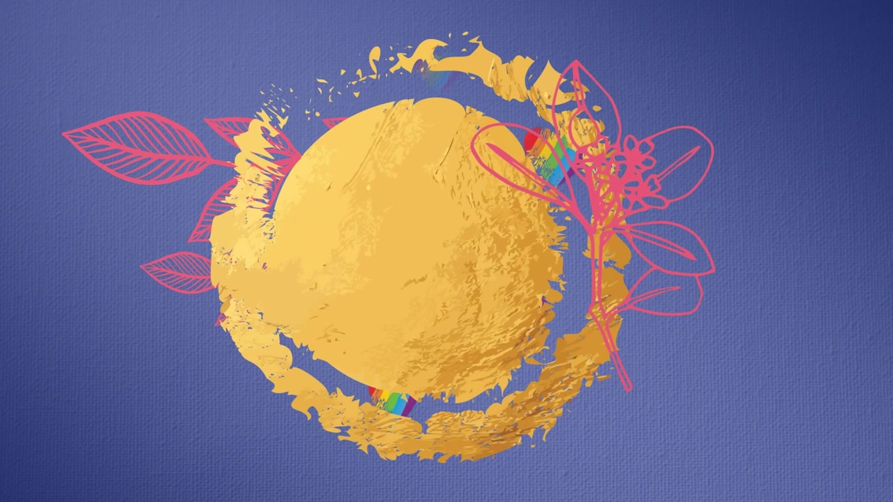 Abstract Motion Graphic with Golden Circle and Floral Line Art