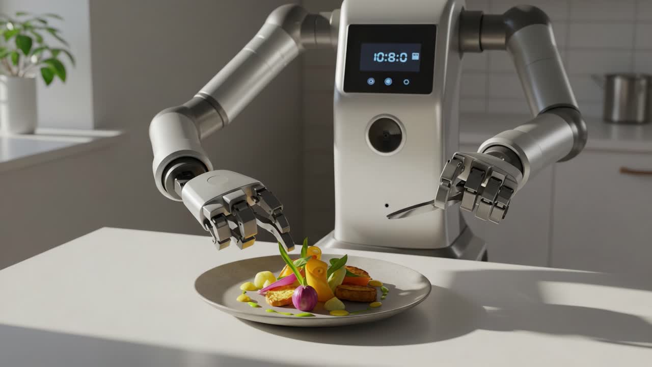 A Robotic Chef Skillfully Prepares a Gourmet Dish, Showcasing Precision and Innovation in Culinary Arts with a Beautifully Plated Selection of Fresh Ingredients