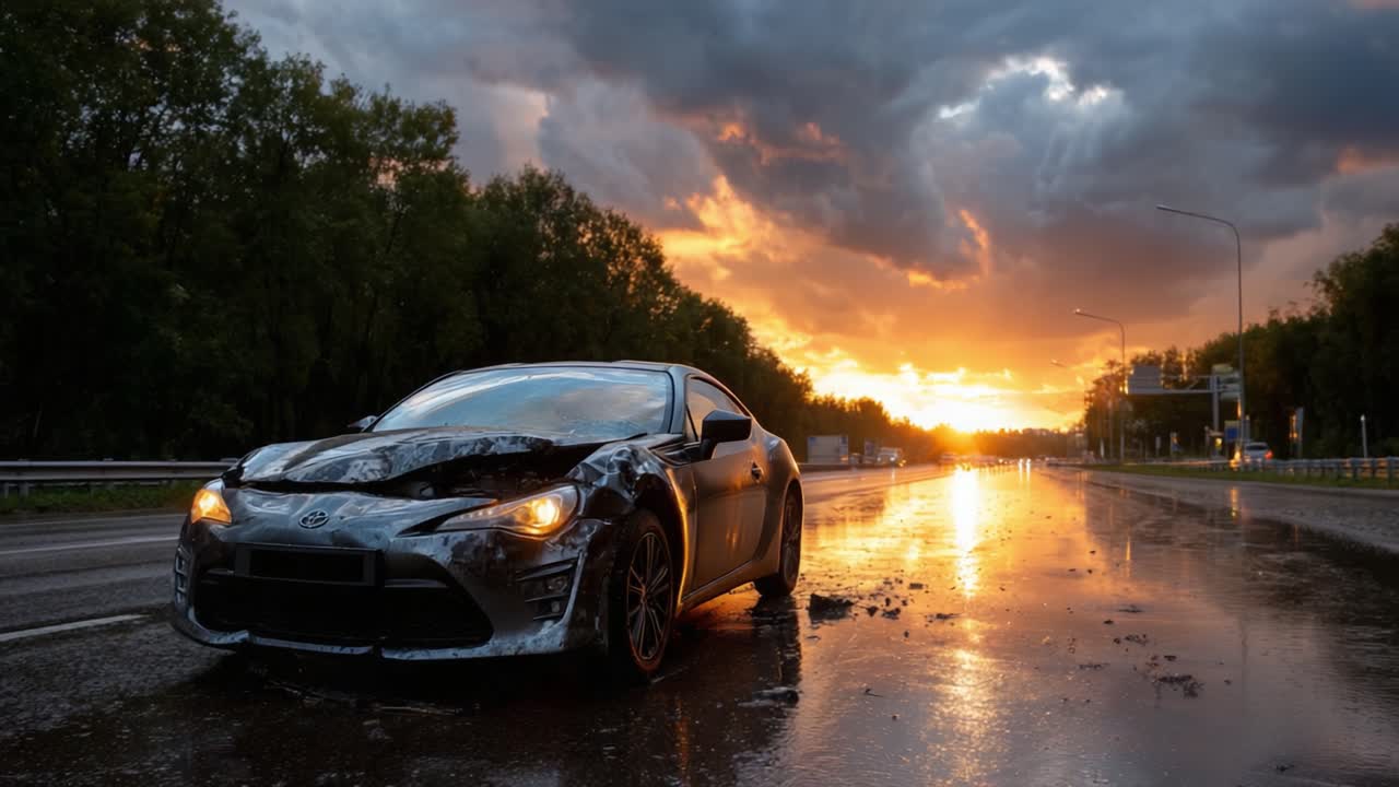 Damaged Sports Car on Rain-Slicked Road at Sunset Captures the Essence of Adventure and Daring, Highlighting Nature's Dramatic Backdrop Amidst Urban Elements