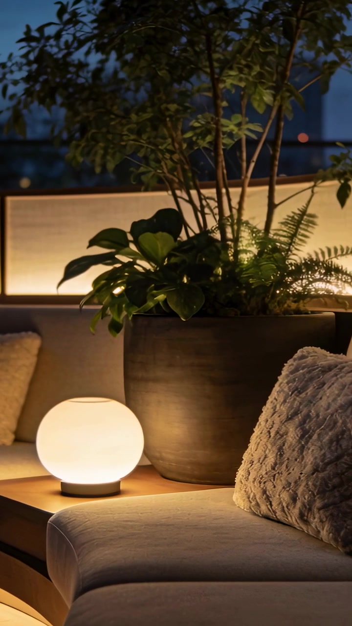 Vídeo vertical: Câmera panorâmica para a direita revelando luminária acesa e vaso de plantas no deck, enquadrando as luzes da baía.
