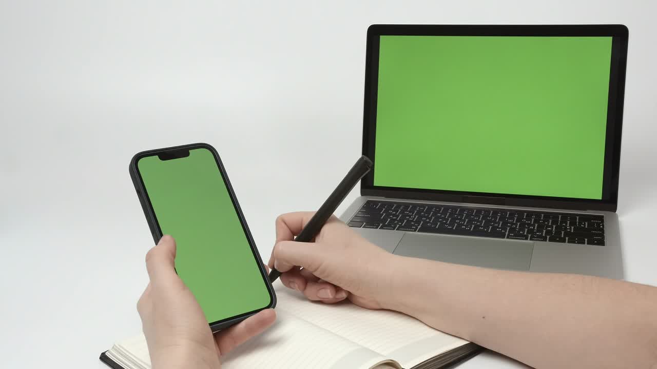 녹색 스크린을 사용하는 여성 스마트폰과 노트북에서 녹색 화면 모을 사용합니다.