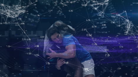animación de diversos datos y red de conexiones sobre diversos jugadores de rugby masculinos