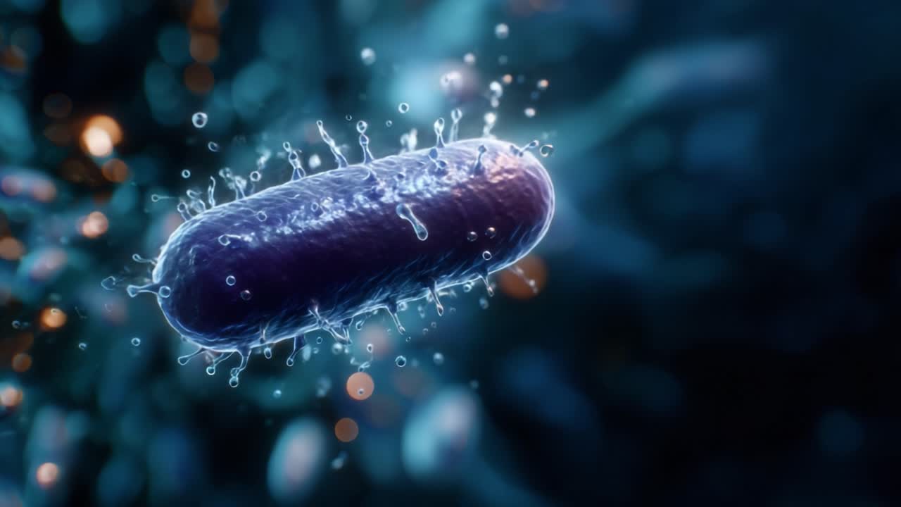 Microscopic View of a Bacterium Showcasing Surface Features and Surroundings in a Digital Representation with Vibrant Colors and Intricate Detail