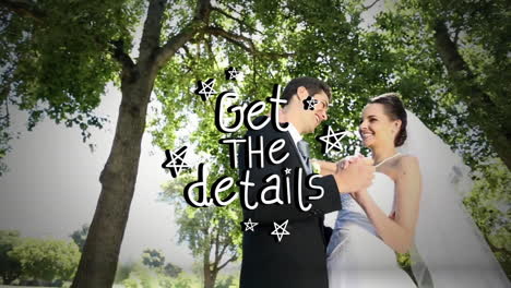 get details text animation over couple dancing under trees